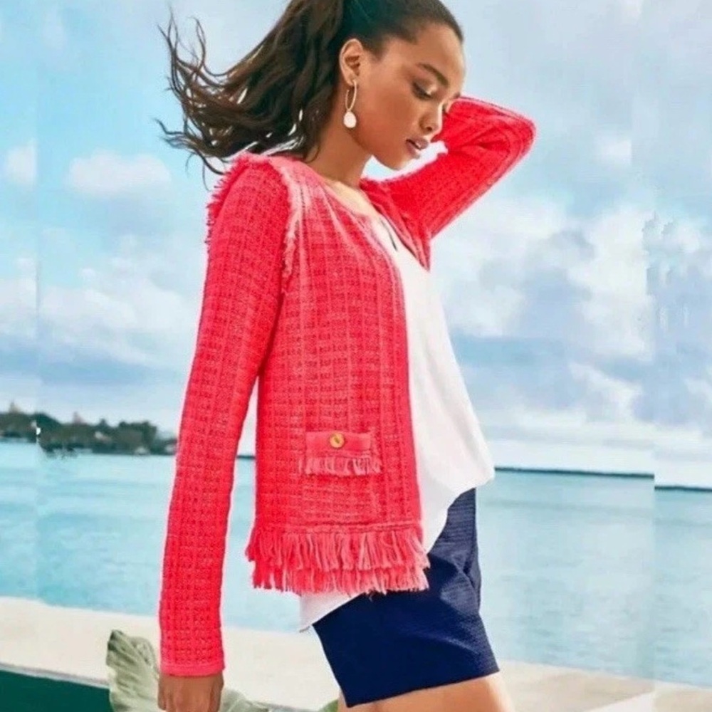Lilly Pulitzer Simora Spicy Coral Fringe Tweed Jacket - XS